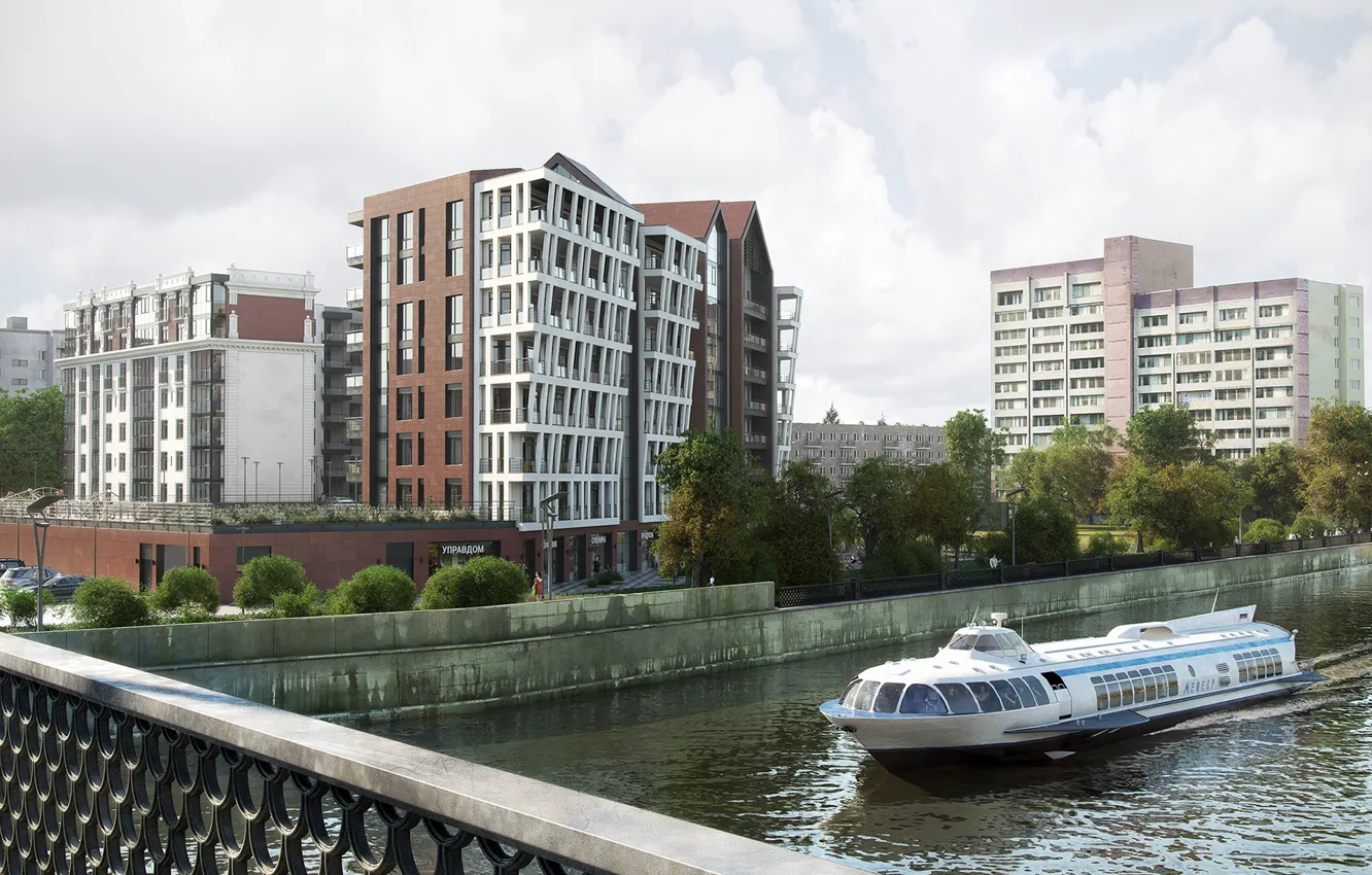 Photo wallpaper transport, building, architecture, pond, Residential complex on the waterfront