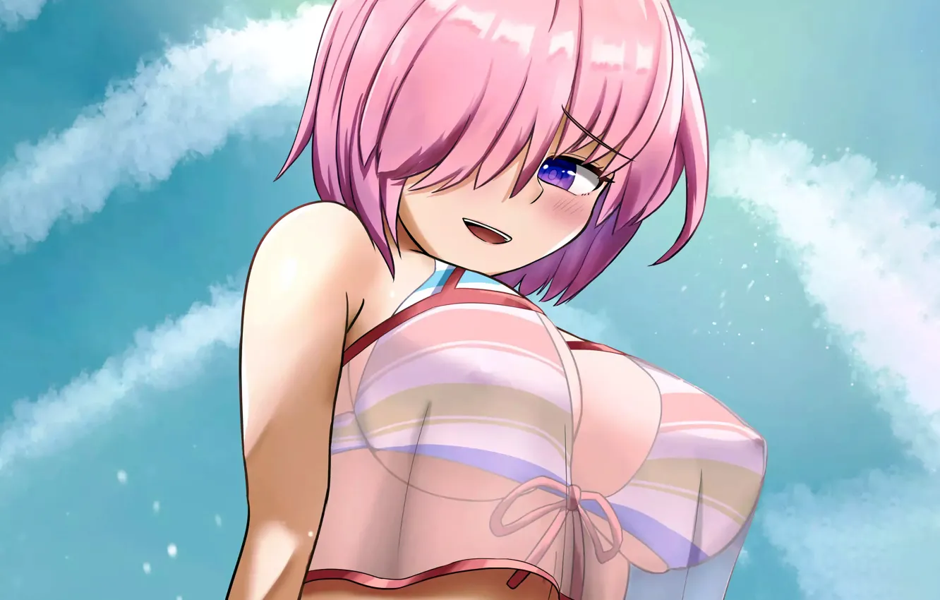 Photo wallpaper girl, sexy, cleavage, blouse, pink hair, boobs, anime, beautiful