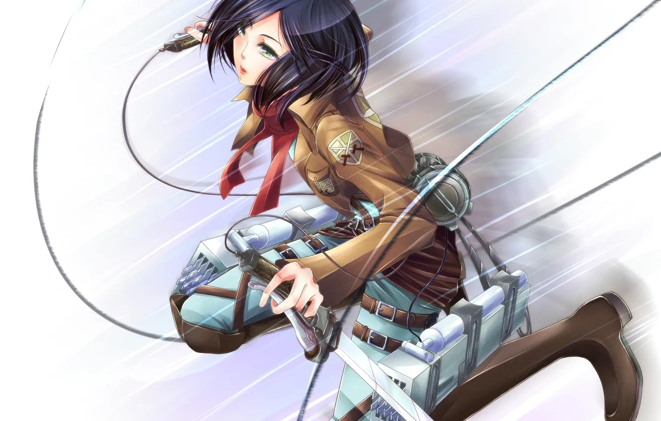 Photo wallpaper girl, flight, soldiers, belt, art, blade, Shingeki no Kyojin, Mikasa Ackerman