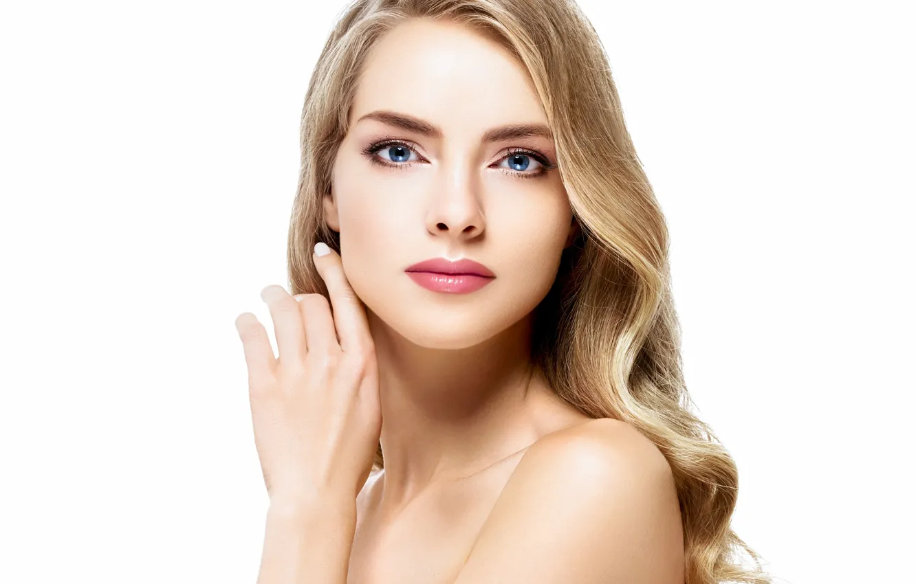 Photo wallpaper look, face, hand, portrait, makeup, hairstyle, blonde, white background