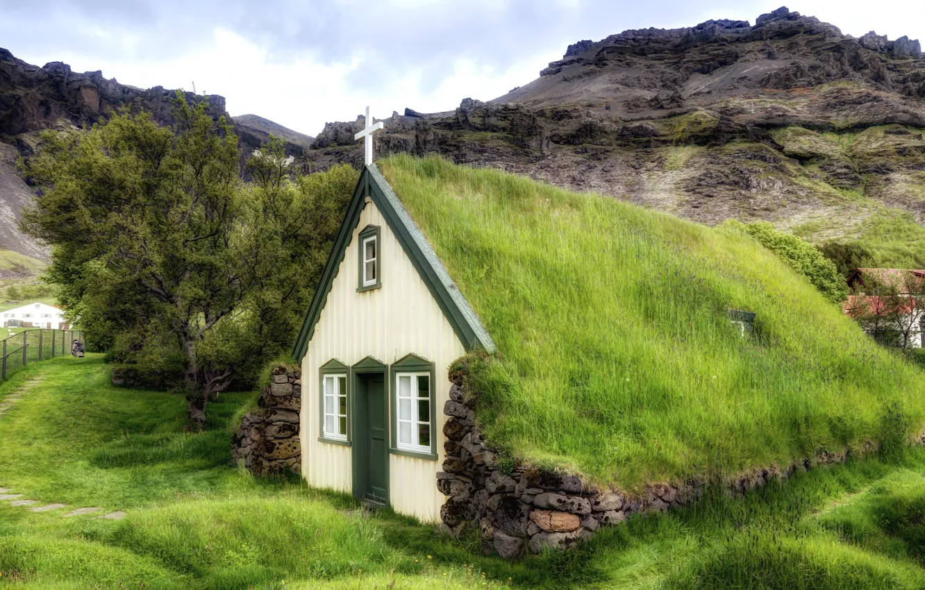 Photo wallpaper landscape, background, Iceland, church, 5K