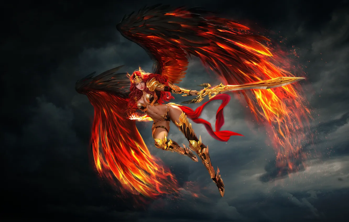 Photo wallpaper Girl, Fire, Angel, Feathers, Style, Clouds, Girl, Sword