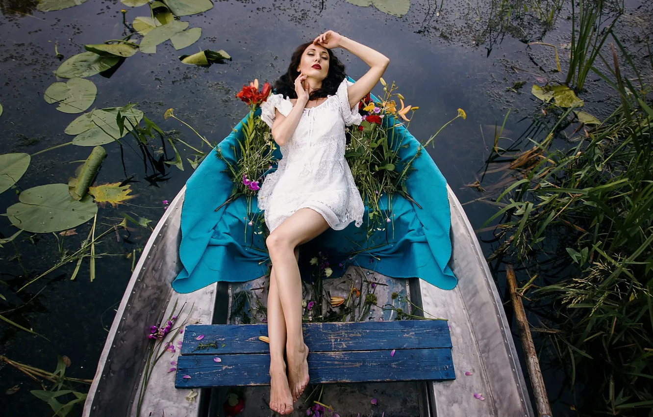 Photo wallpaper girl, lake, boat