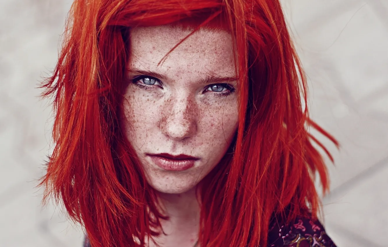 Photo wallpaper girl, face, freckles, red