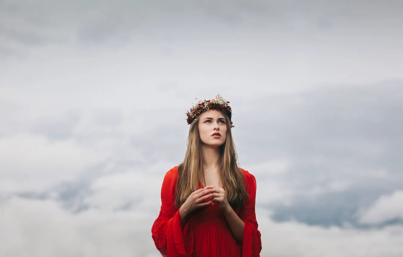 Photo wallpaper the sky, look, girl, clouds, flowers, nature, fog, overcast