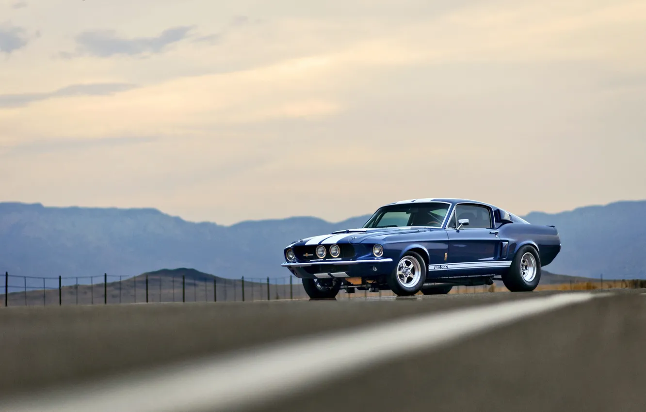 Photo wallpaper road, the sky, mountains, the fence, Mustang, Ford, Shelby, GT500