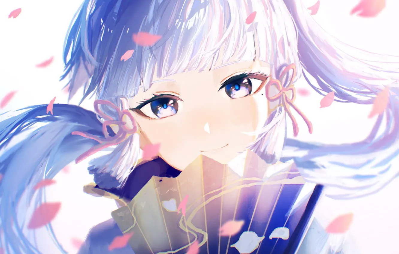 Photo wallpaper girl, petals, fan, Genshin Impact, Kamisato Ayaka