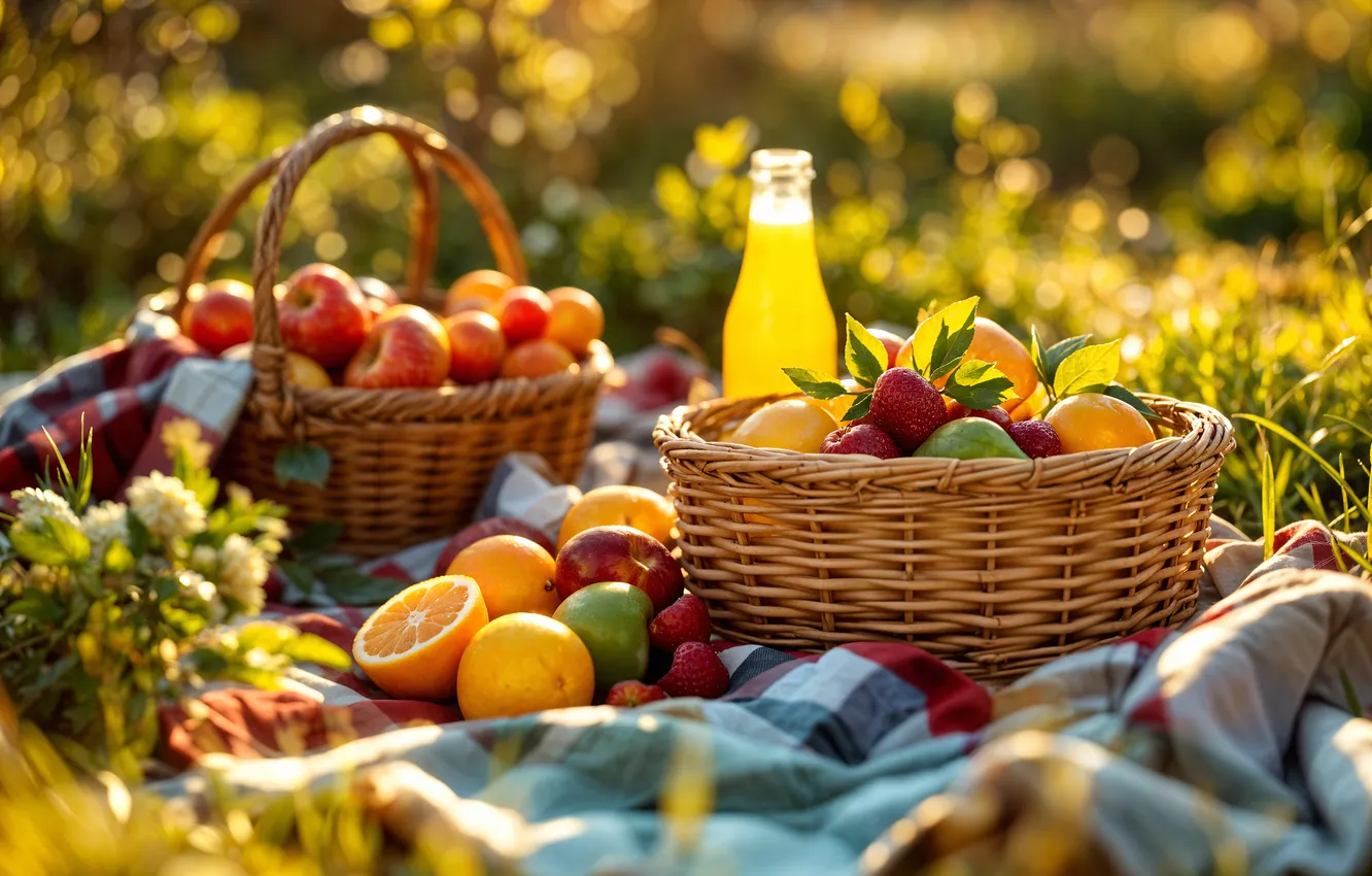 Photo wallpaper summer, berries, stay, basket, juice, summer, fruit, picnic