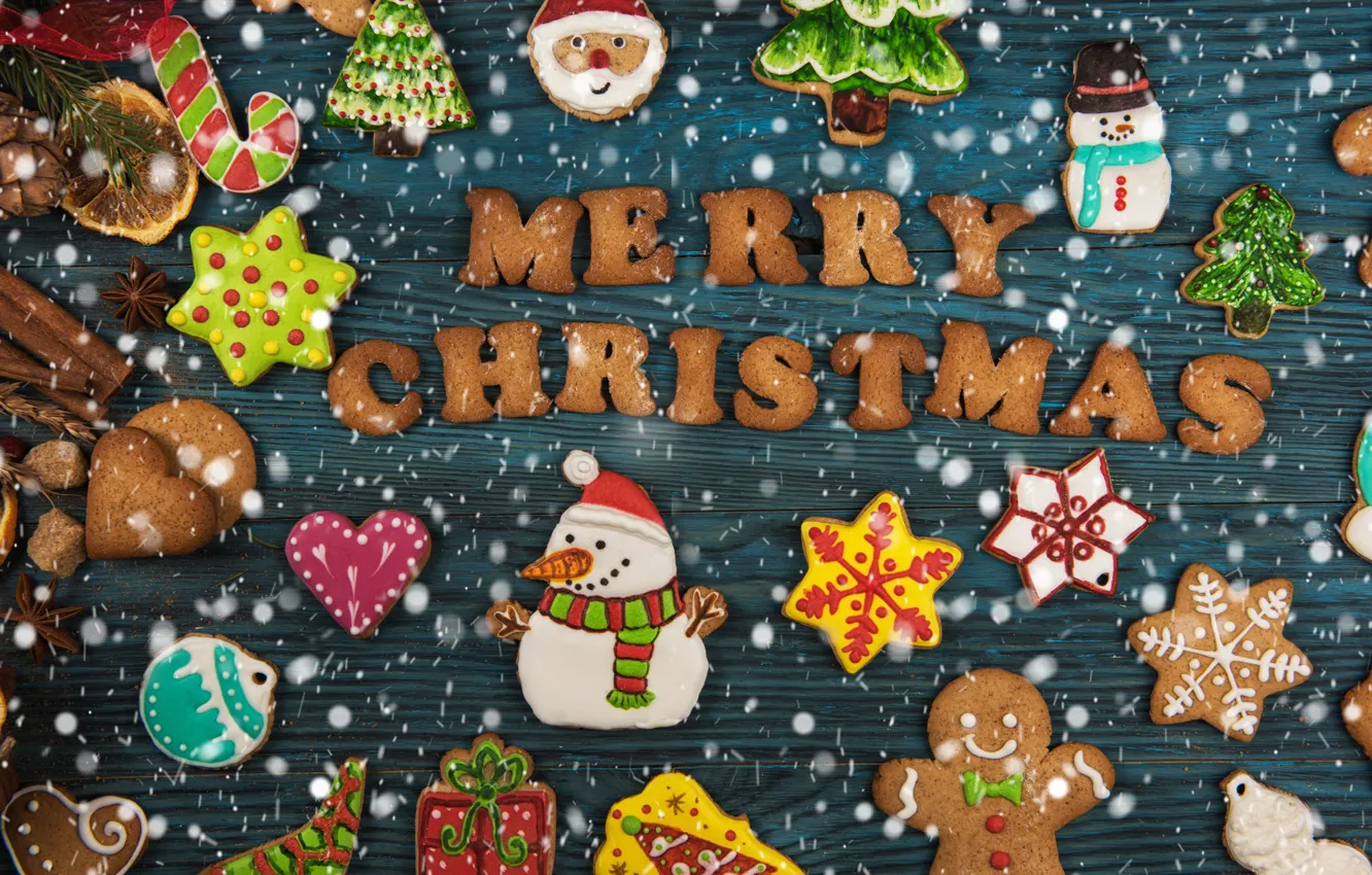 Photo wallpaper New Year, cookies, Christmas, wood, Merry Christmas, cookies, decoration, gingerbread