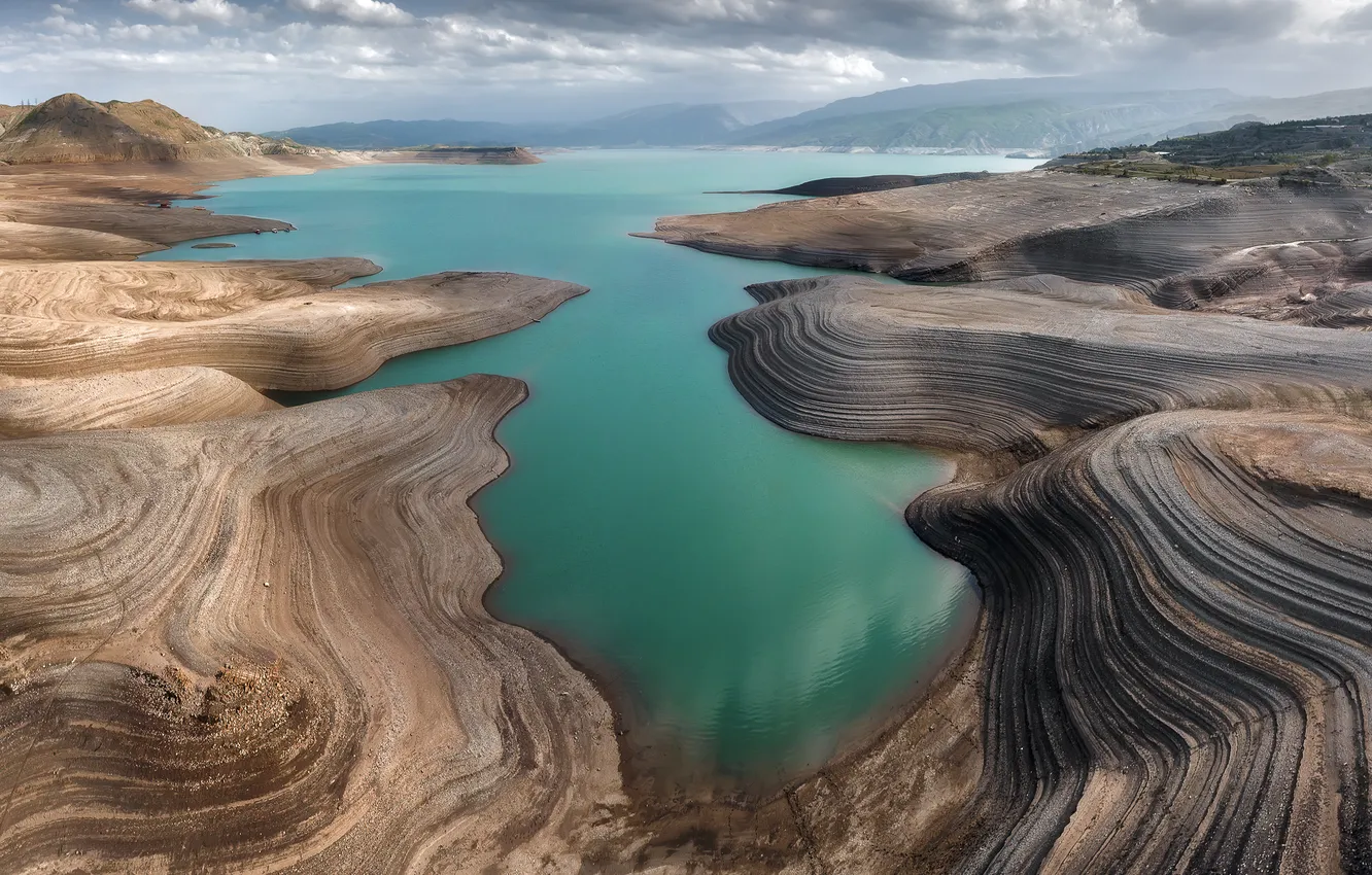 Photo wallpaper sky, landscape, nature, water, mountains, clouds, dunes