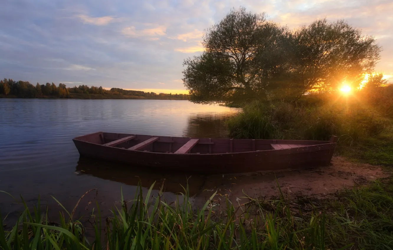 Photo wallpaper autumn, trees, sunset, river, boat, Volga, Olontsev Andrew