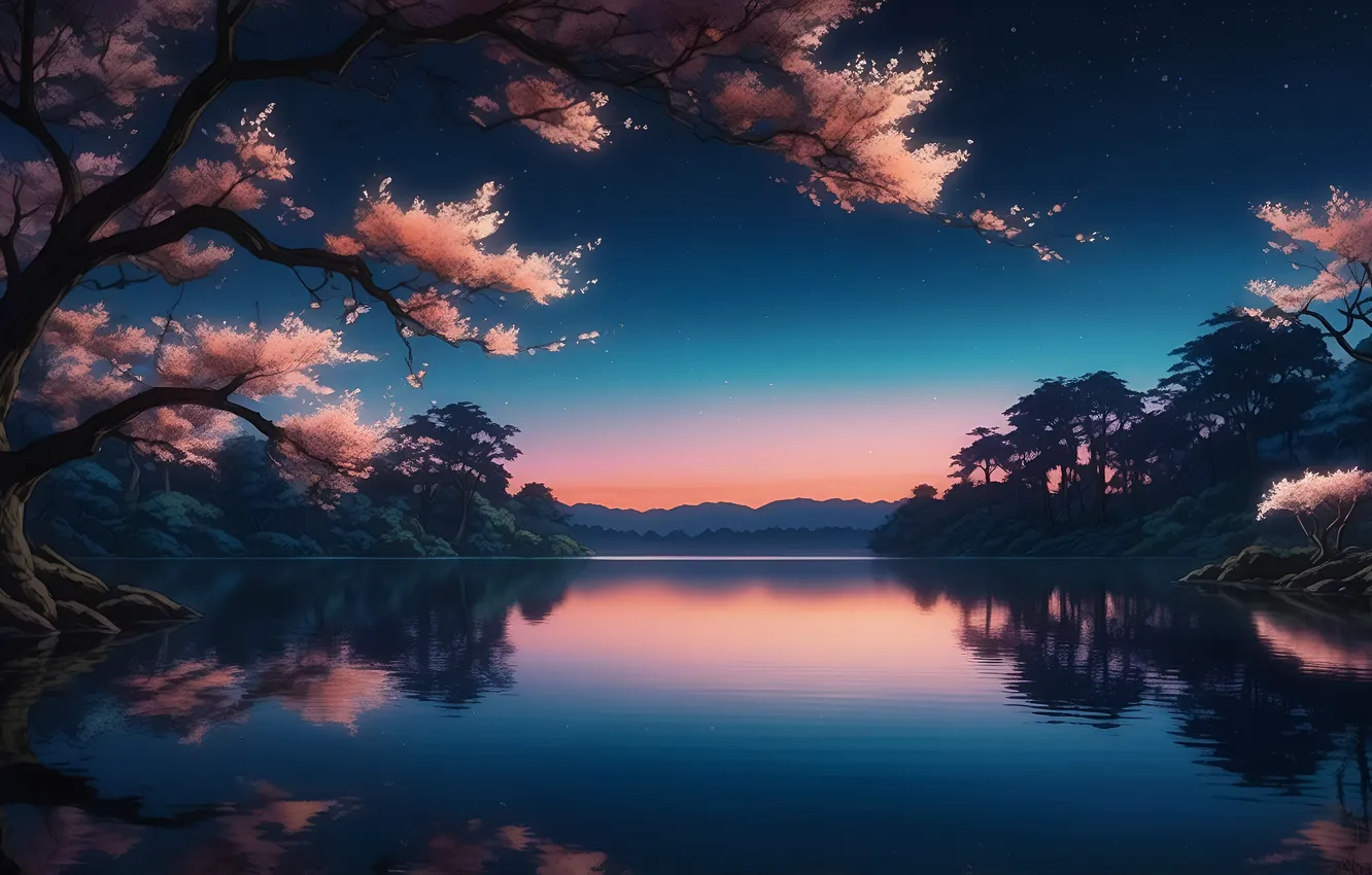 Photo wallpaper sky, trees, landscape, nature, sunset, lake, cherry blossom, reflection