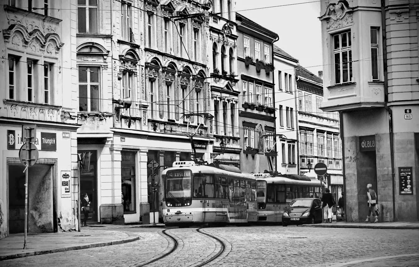 Photo wallpaper the city, street, Czech Republic, tram, street, tram, Town, Czech Republic