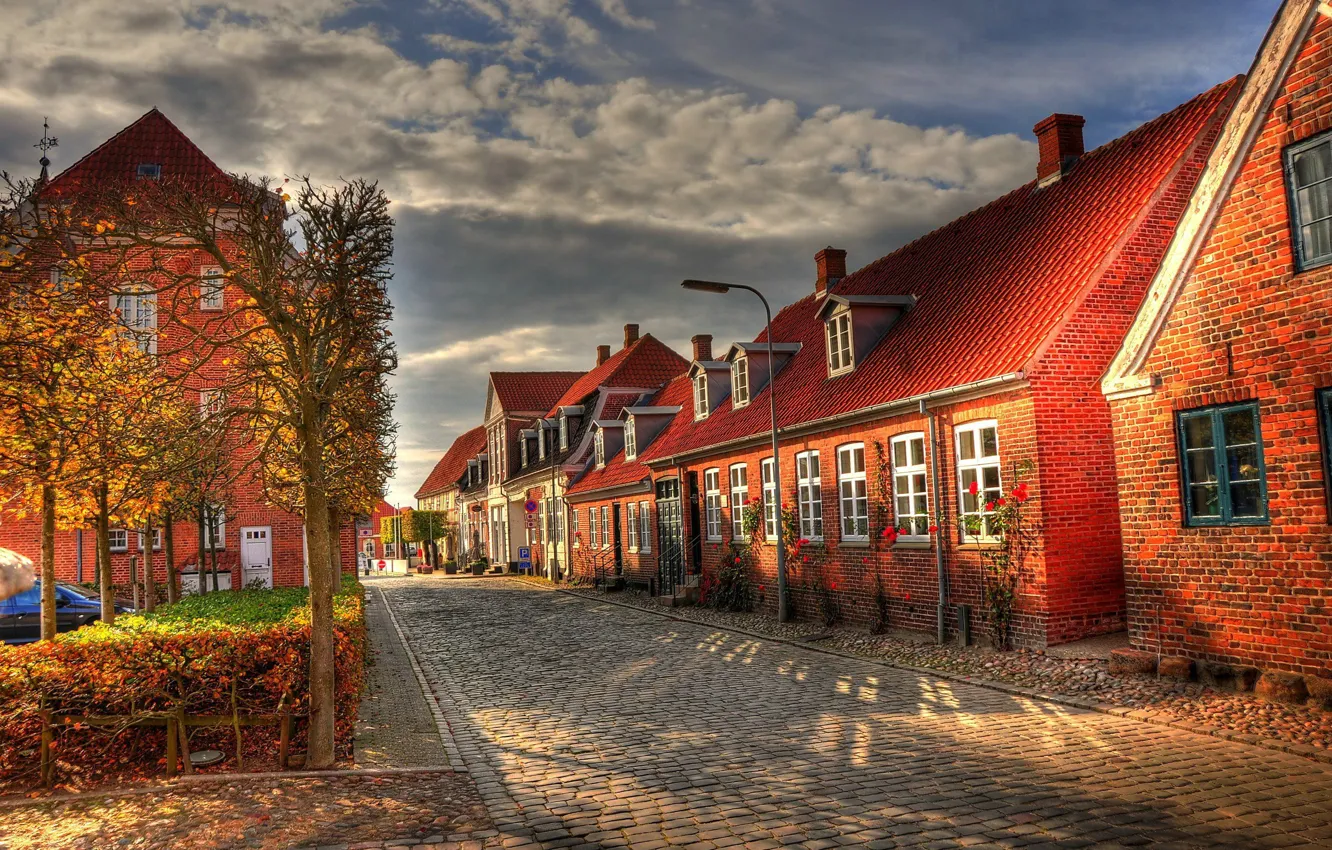 Photo wallpaper autumn, clouds, street, building, home, morning, pavers, Europe
