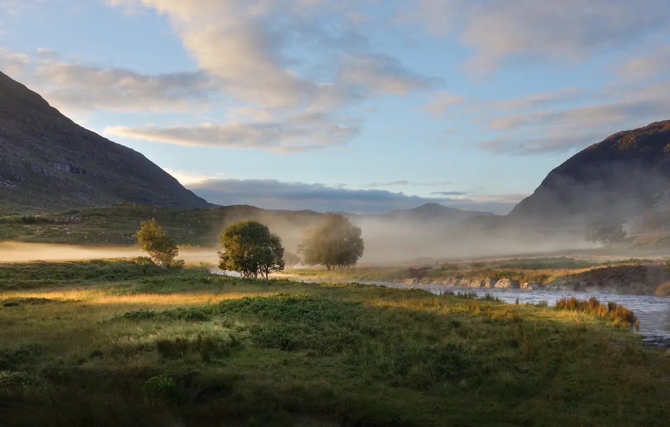 Photo wallpaper fog, river, morning