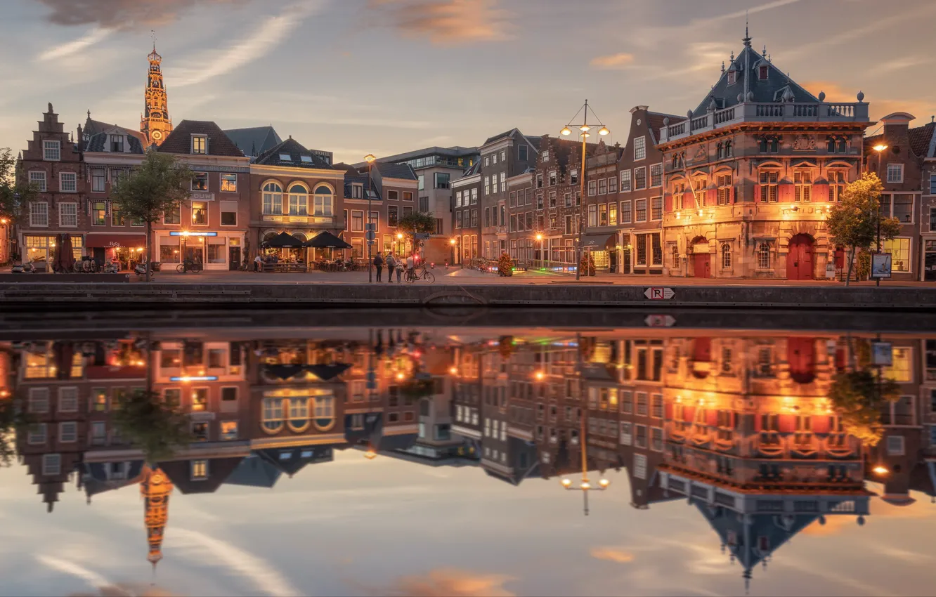 Photo wallpaper night, reflection, river, home, Amsterdam, Netherlands