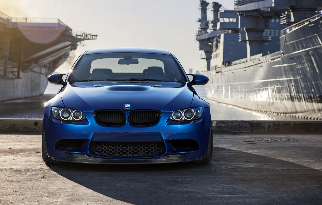 Photo wallpaper blue, glare, ship, BMW, BMW, blue, the front, e92