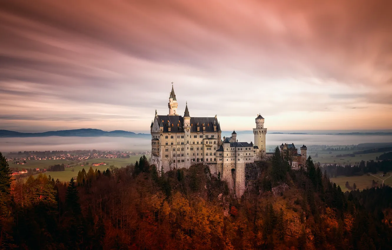 Photo wallpaper autumn, forest, rocks, Germany, valley, Neuschwanstein Castle, South-Western Bavaria