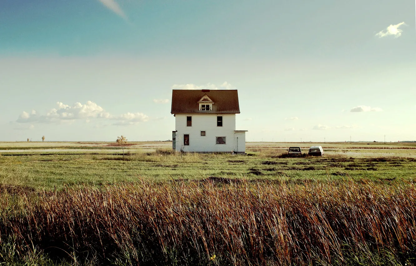 Photo wallpaper windows, house, road, sky, field, clouds, pickup, shadow