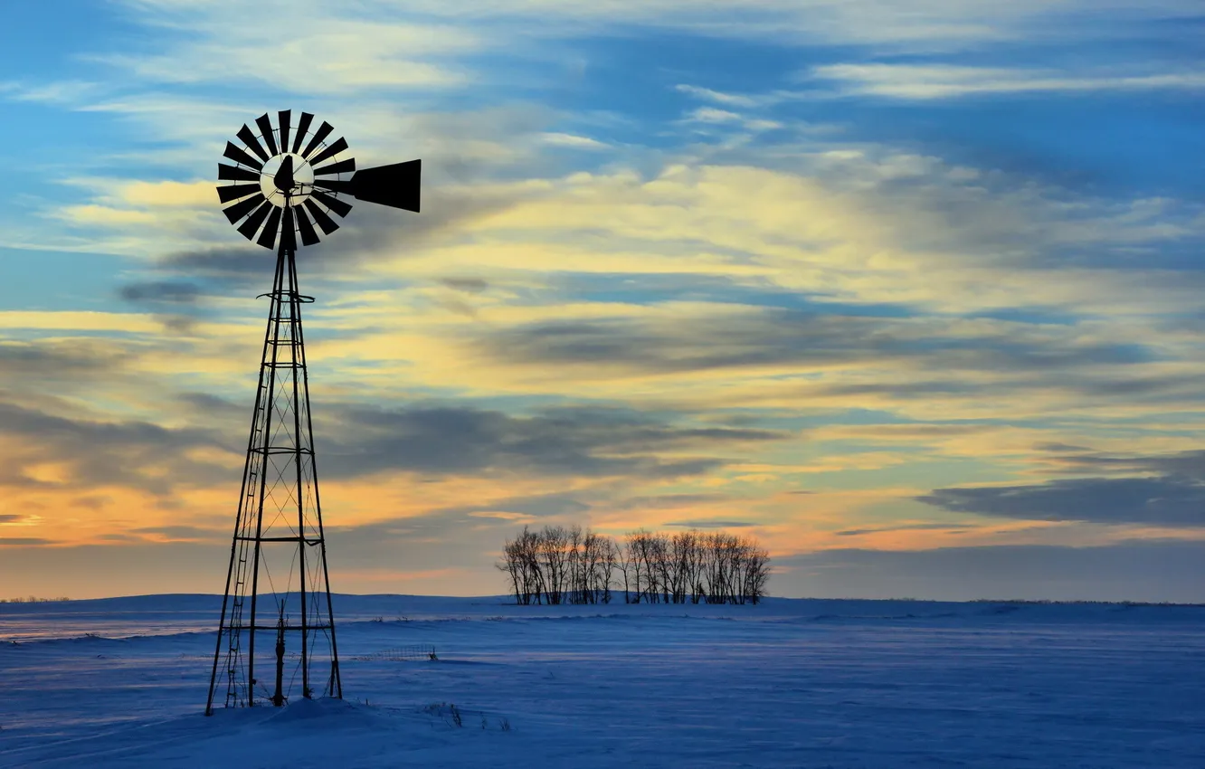 Photo wallpaper landscape, sunset, windmills