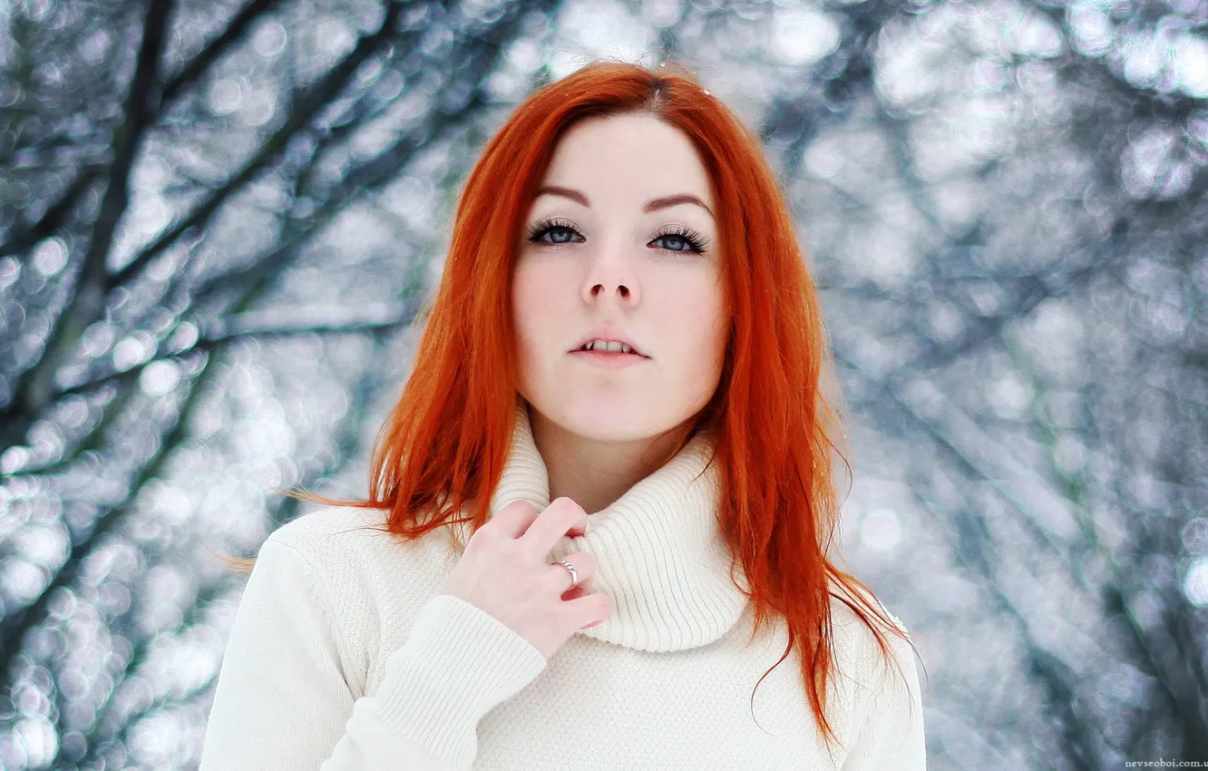 Photo wallpaper winter, eyes, look, snow, trees, nature, face, Girl