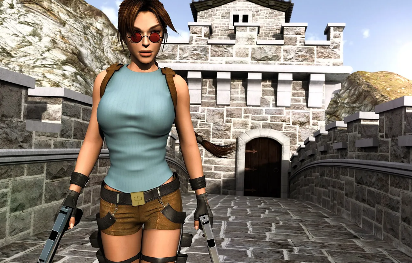 Photo wallpaper girl, weapons, guns, shorts, glasses, Tomb Raider, Lara Croft, Lara Croft
