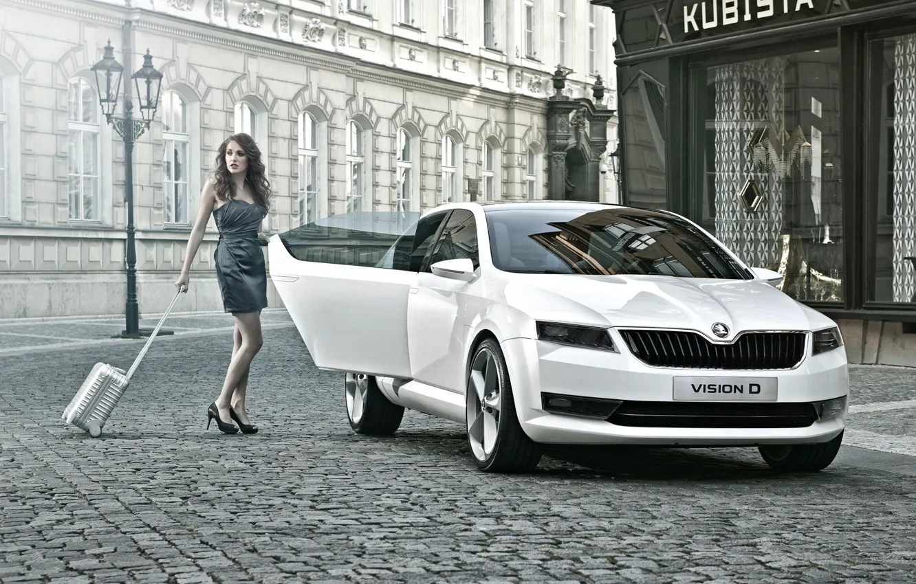 Photo wallpaper auto, look, girl, beautiful girl, posing on the car, Skoda Vision