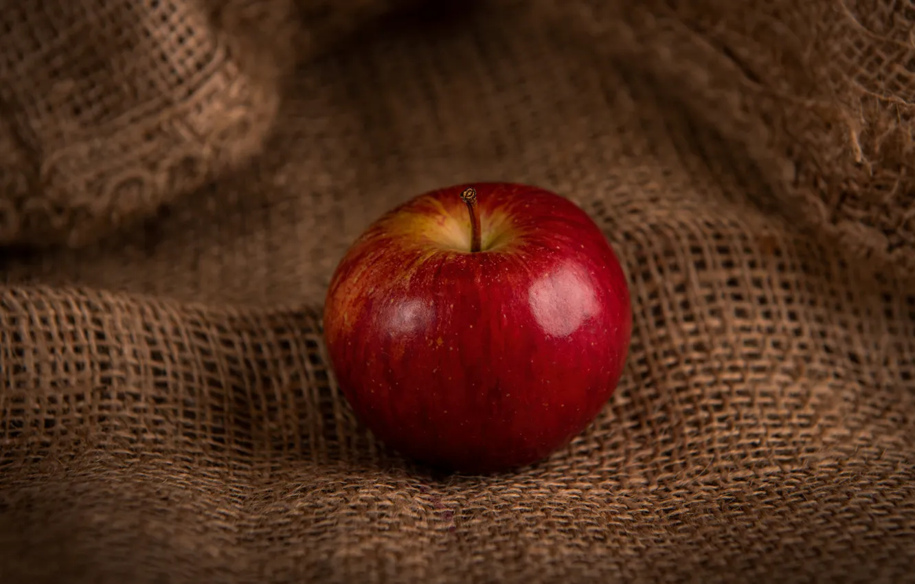 Photo wallpaper red, Apple, food, fruit, still life, burlap, composition, one
