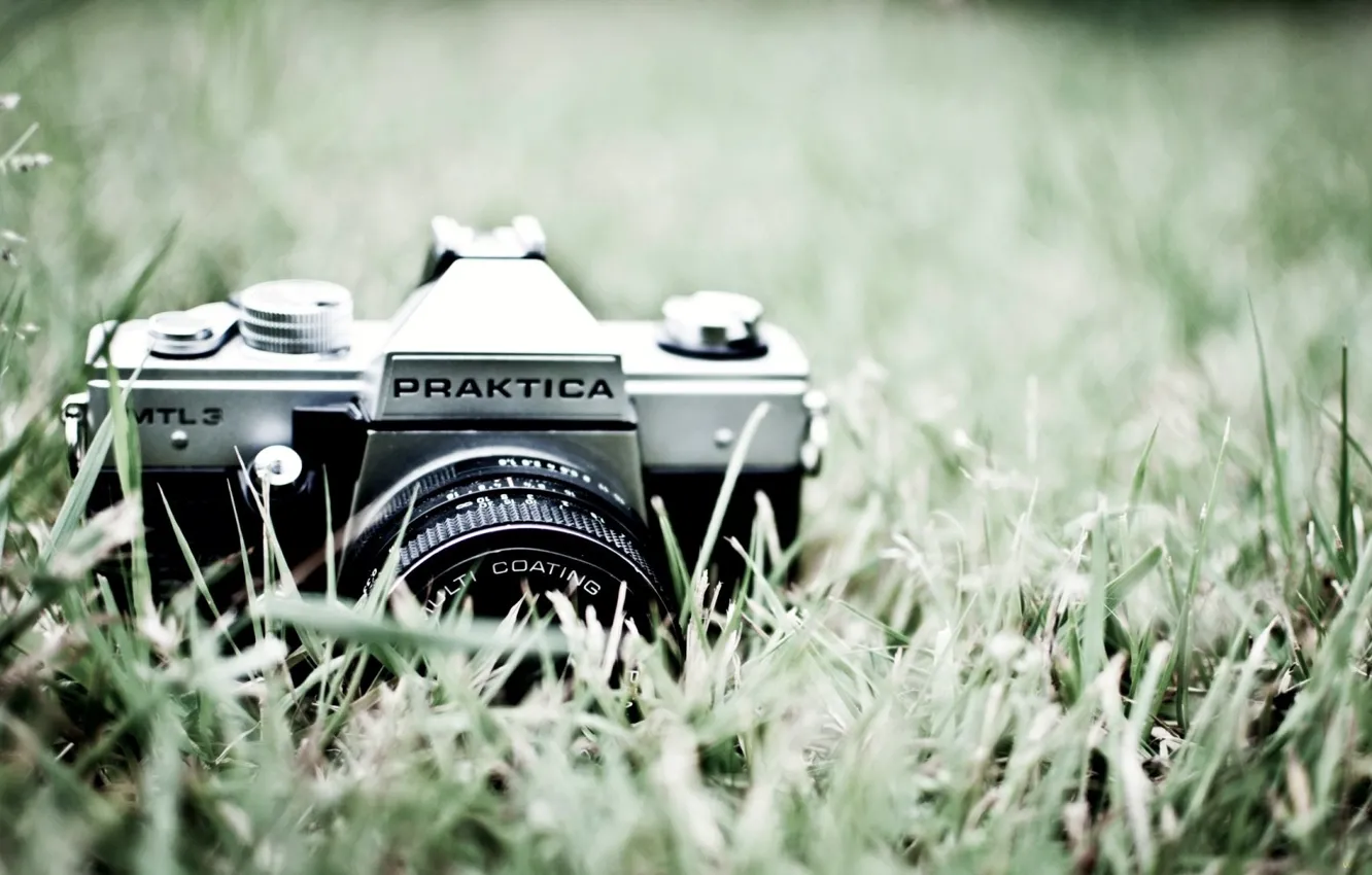Photo wallpaper grass, green, background, the camera, lens, Praktica