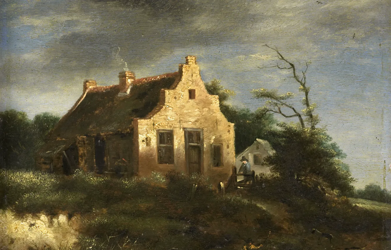 Photo wallpaper landscape, tree, oil, picture, Jacob van Ruisdael, Farm House Among The Wooded Dunes