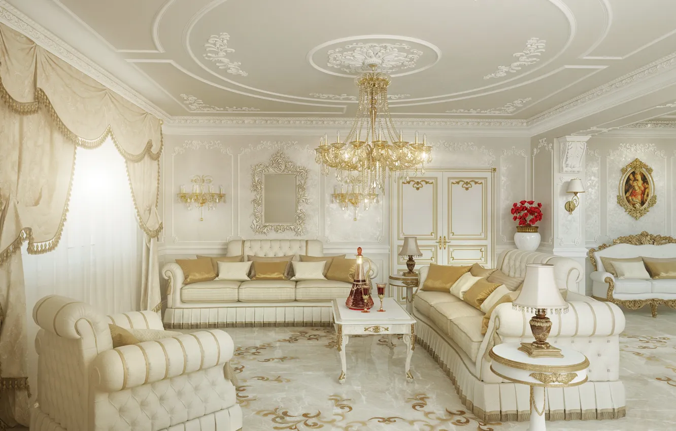 Photo wallpaper white, room, sofa, gold, interior, picture, chairs, chandelier
