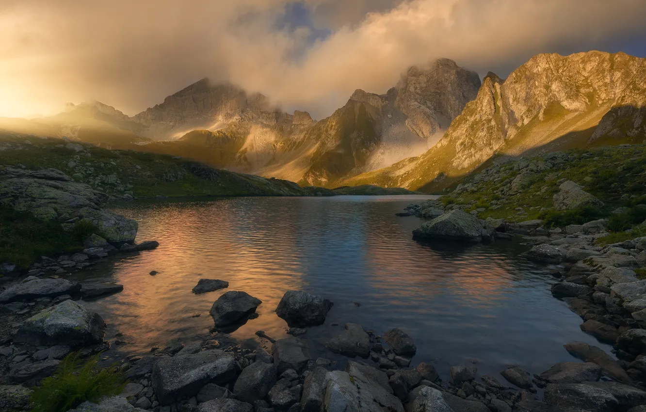 Photo wallpaper clouds, landscape, mountains, nature, lake, The Caucasus, KCR, Karachay-Cherkessia