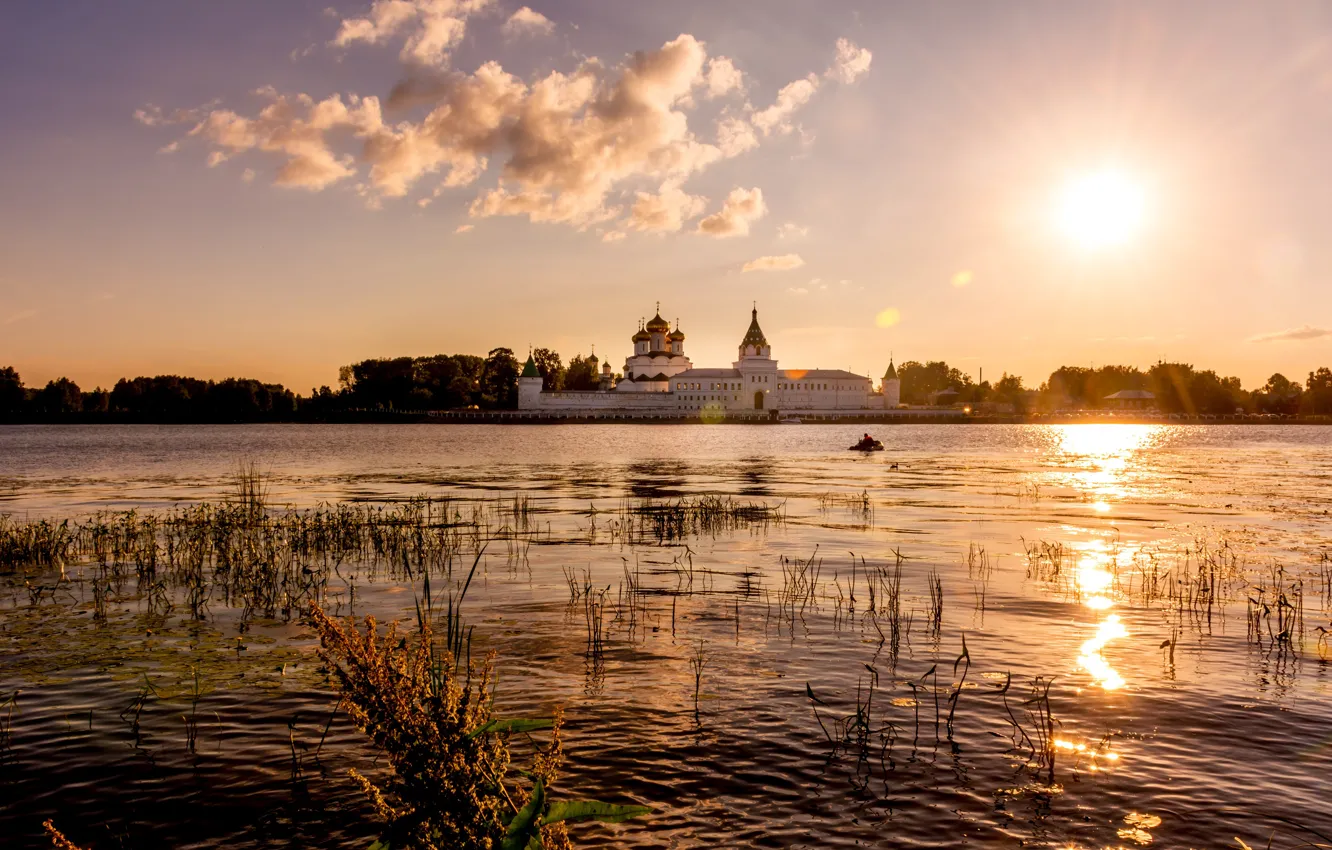 Photo wallpaper the sun, landscape, sunset, the evening, Kirillo-Belozersky monastery, Siverskoye Lake