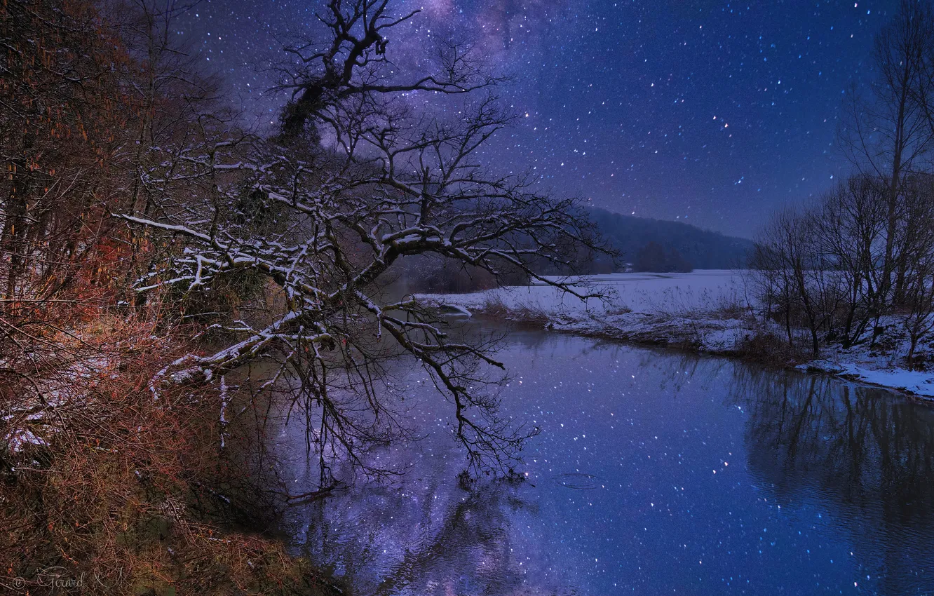Photo wallpaper winter, stars, night, lake