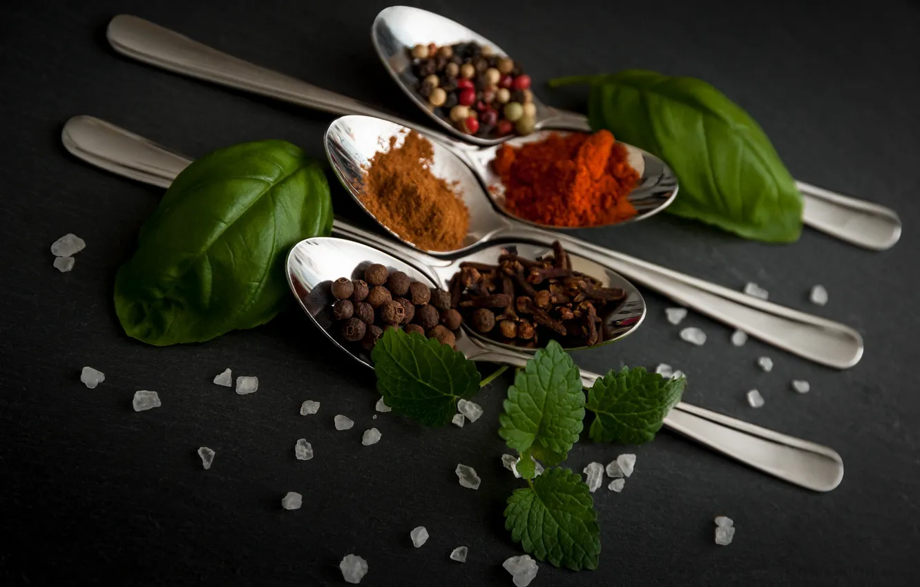 Photo wallpaper pepper, mint, salt, seasoning