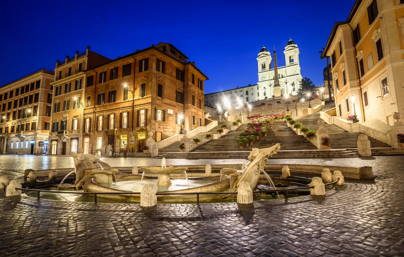 Photo wallpaper lights, Rome, Italy, The Spanish steps, the fountain of the old boat