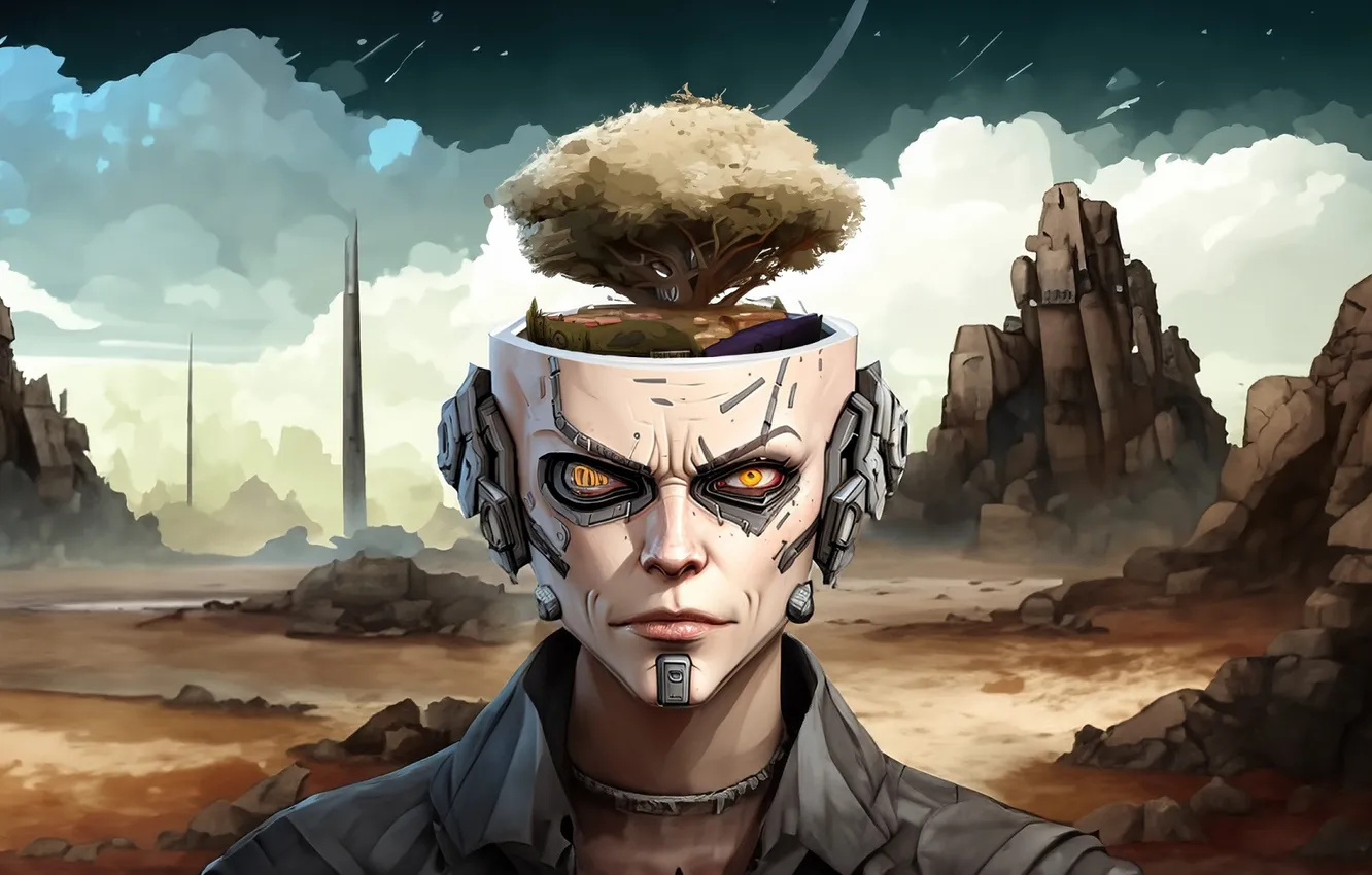 Photo wallpaper face, fiction, rocks, desert, robot, Surah