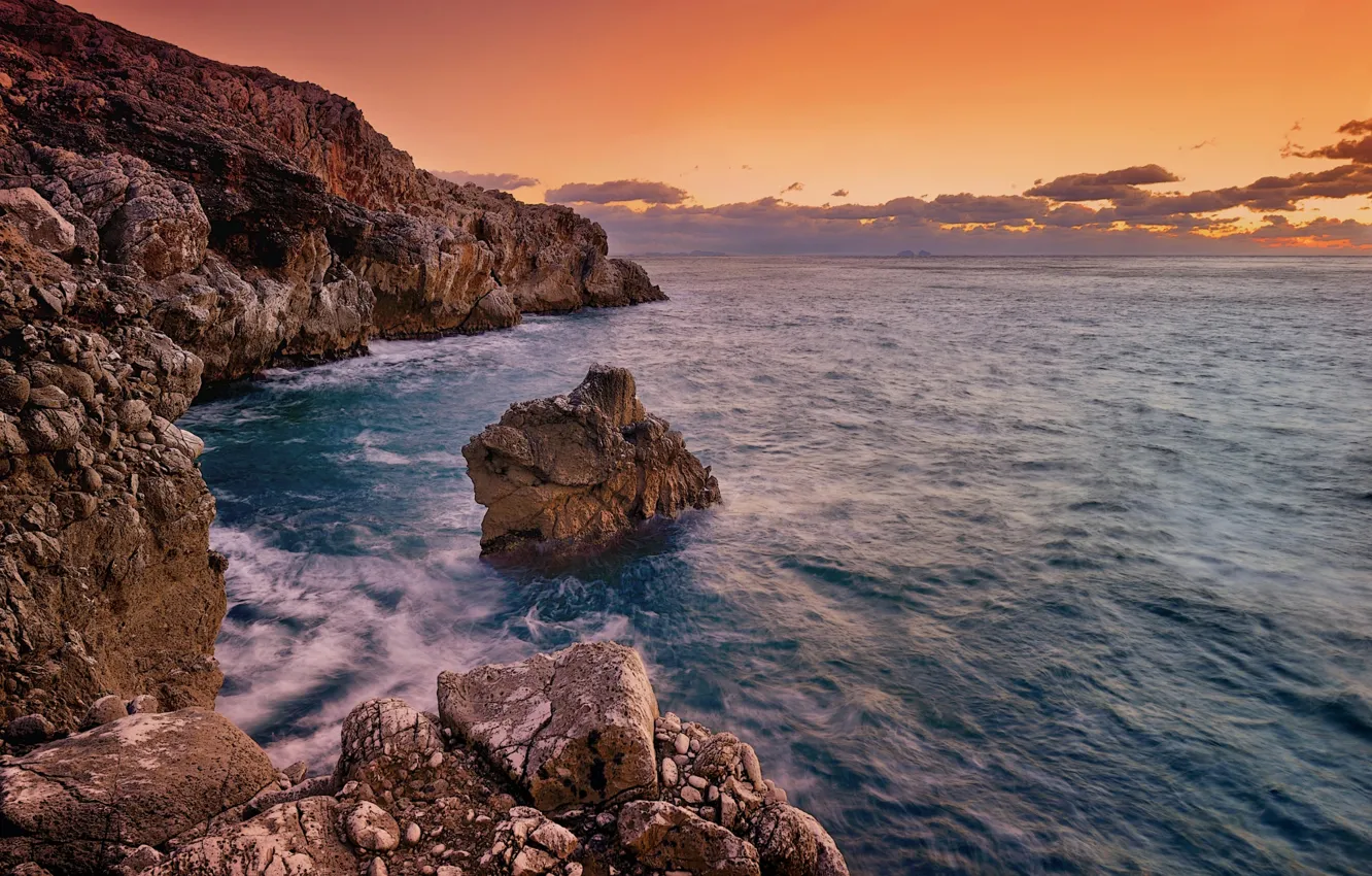 Photo wallpaper sea, rocks, dawn, coast