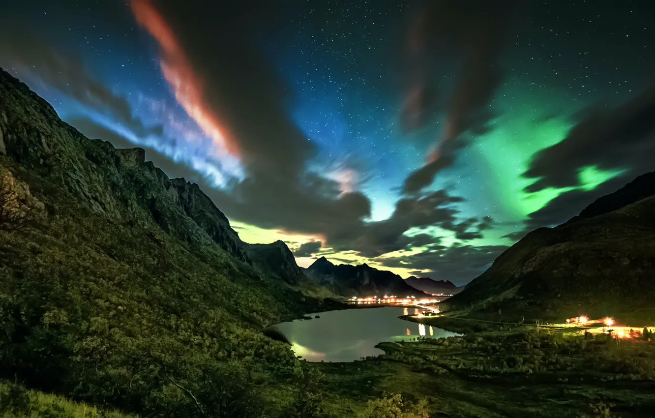 Photo wallpaper the sky, mountains, lights, lights, lake, beauty, space, sky