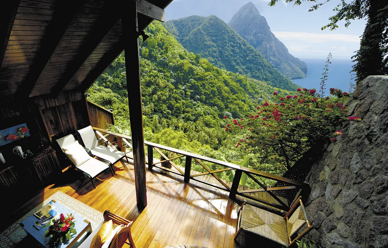 Photo wallpaper view, terrace, St Lucia, Caribbean island, Gros Piton suite, Ladera resort