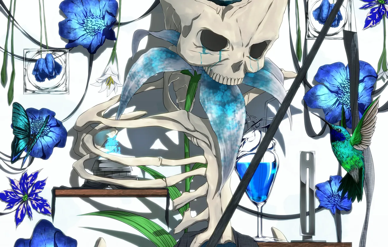 Photo wallpaper flowers, skull, skeleton