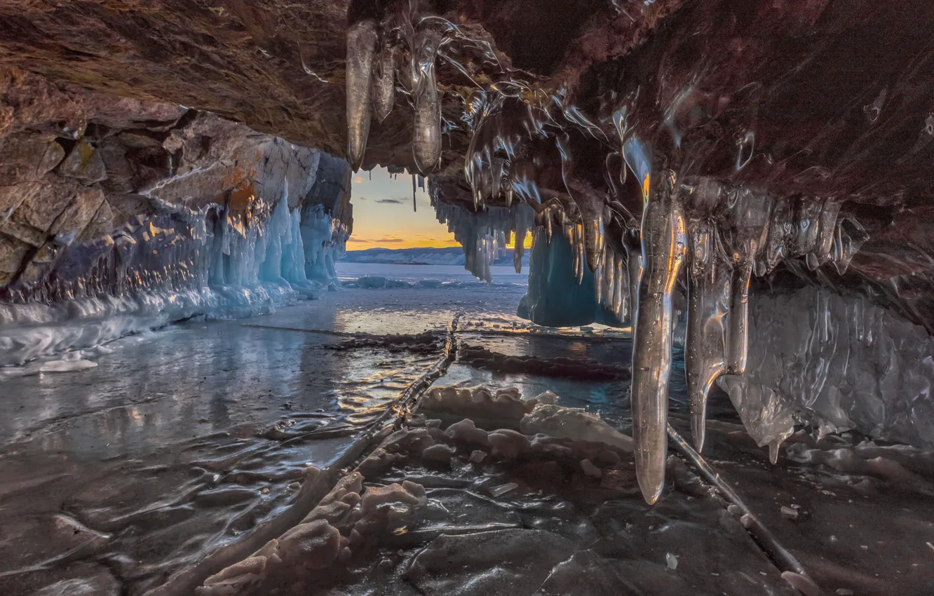 Photo wallpaper winter, nature, lake, ice, icicles, Baikal, cave, Vladimir Ryabkov