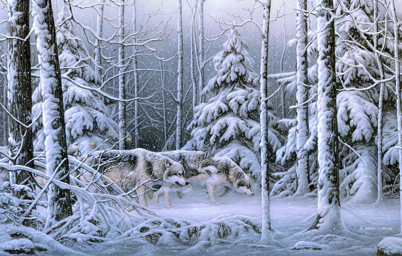 Photo wallpaper winter, forest, snow, wolf, picture, ate, art, painting