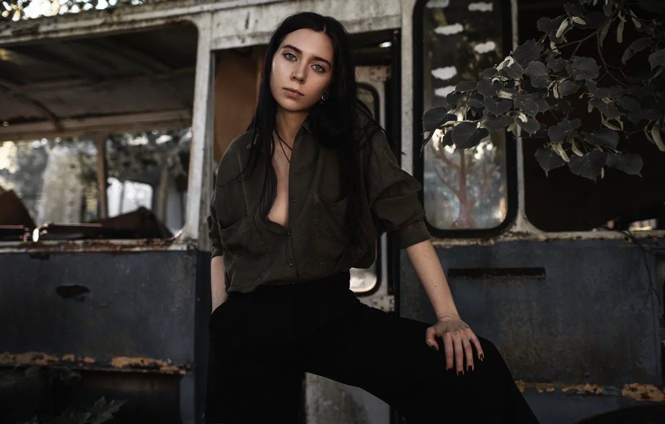 Photo wallpaper girl, pose, brunette, blouse, bus, shirt, pants, Andrey Frolov