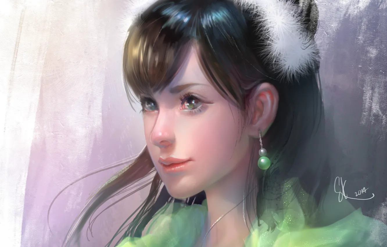 Photo wallpaper look, girl, face, background, hair, art, earrings, green eyes