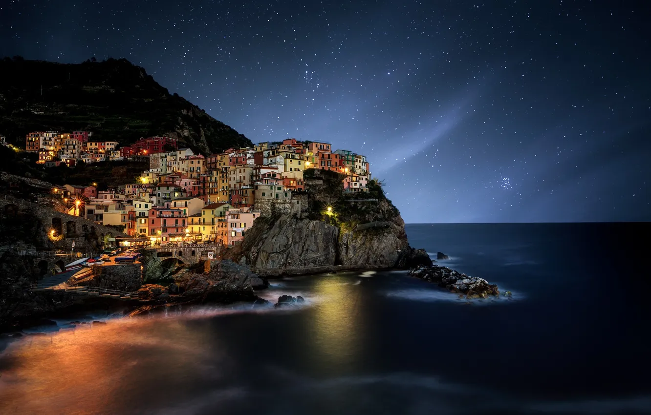 Photo wallpaper sea, the sky, stars, night, beauty, town, photographer, Guerel Sahin