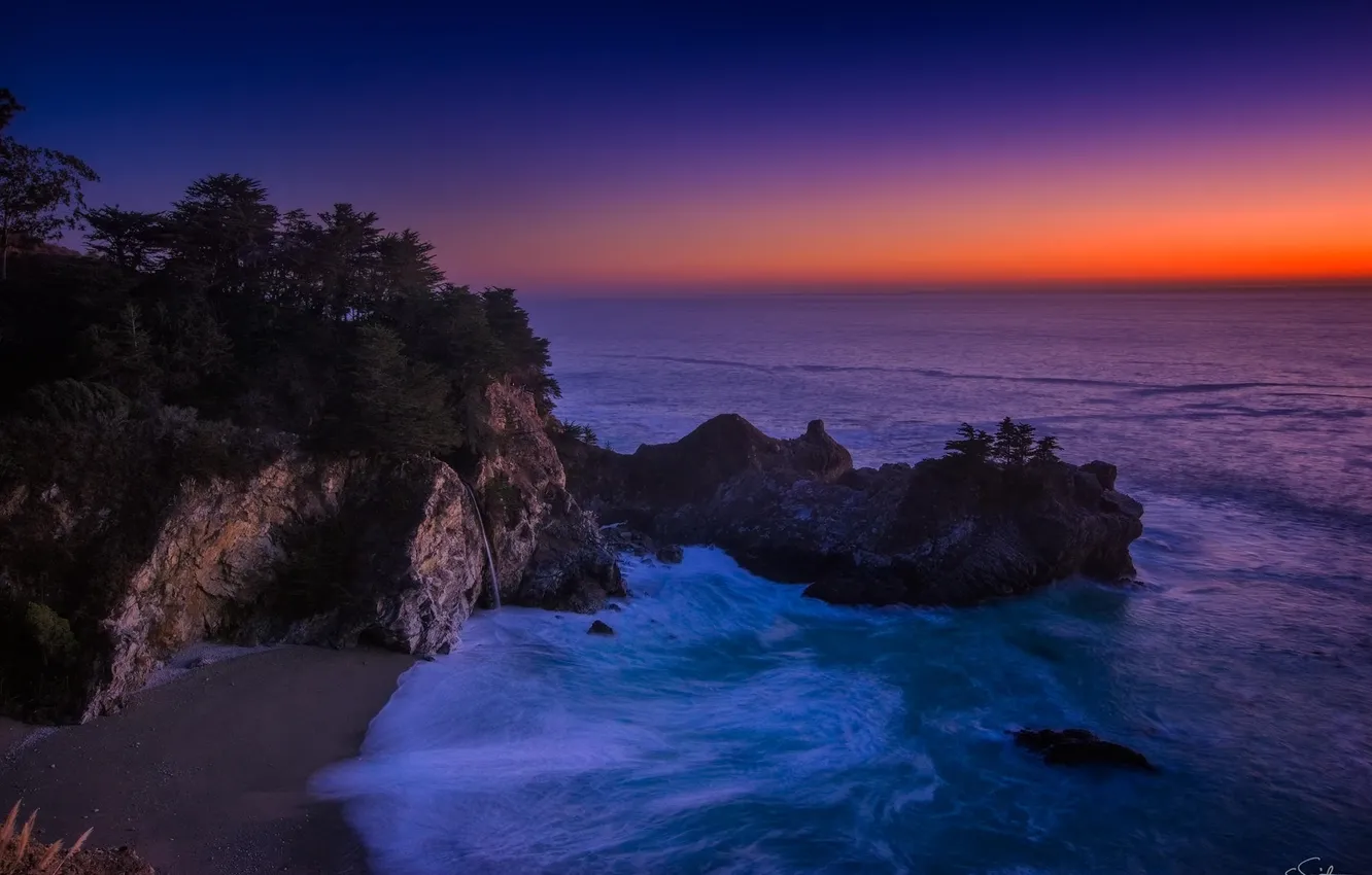 Photo wallpaper rocks, coast, waterfall, CA, landscape, seascape, California, The Pacific ocean