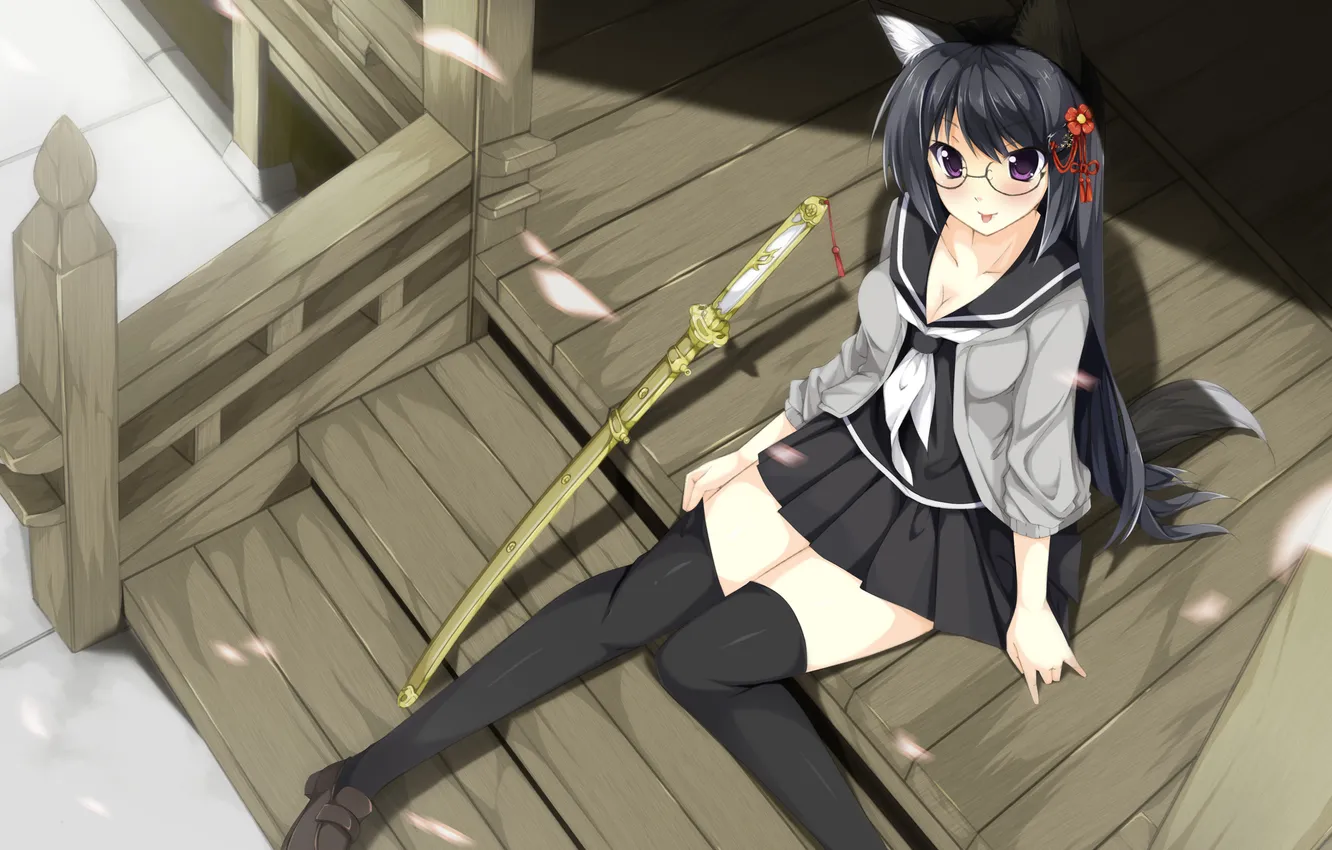 Photo wallpaper sword, glasses, schoolgirl, porch, neko-Chan