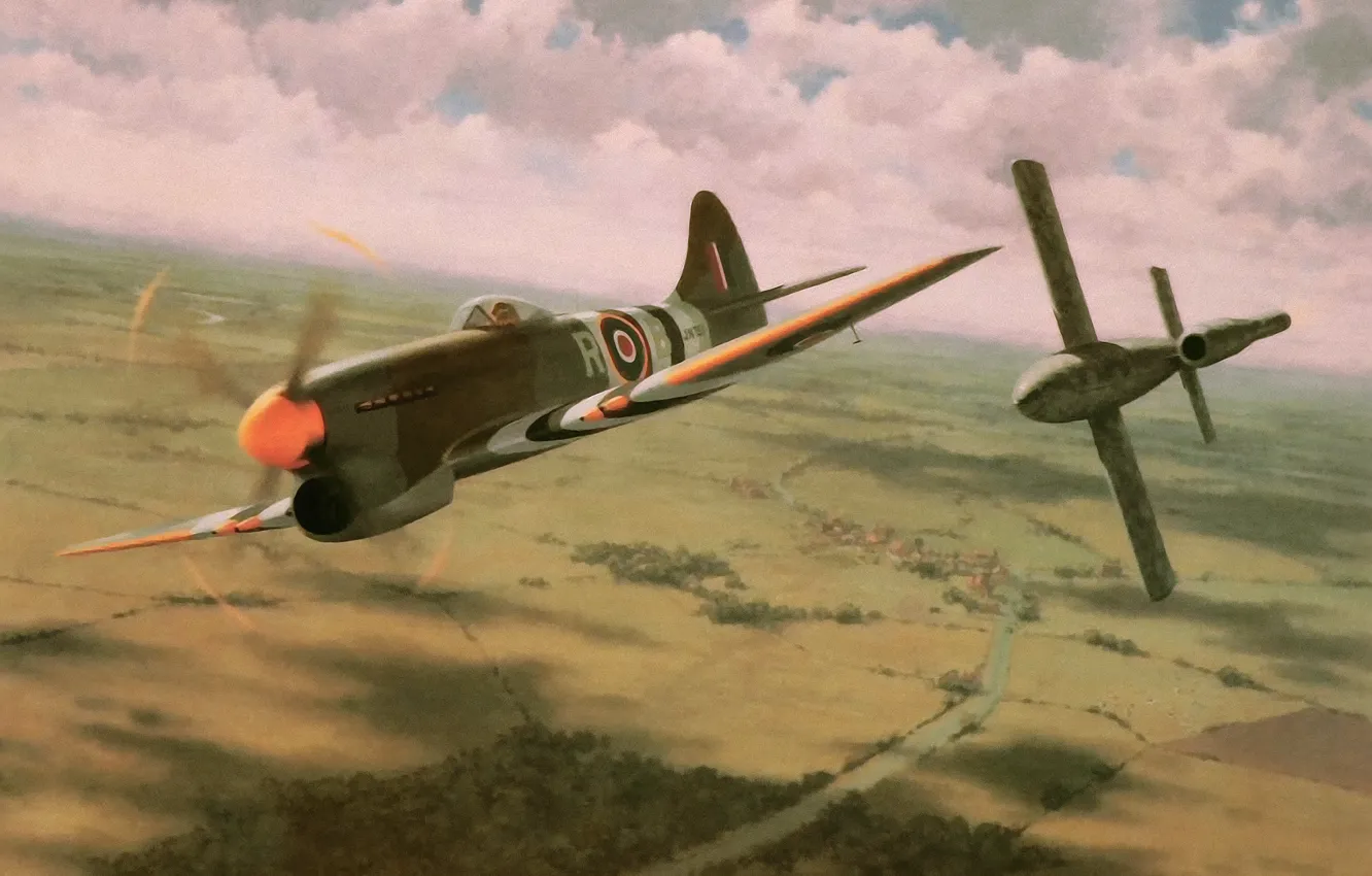 Photo wallpaper war, art, painting, drawing, ww2, british aircraft, the hawker tempest, v1 bomb