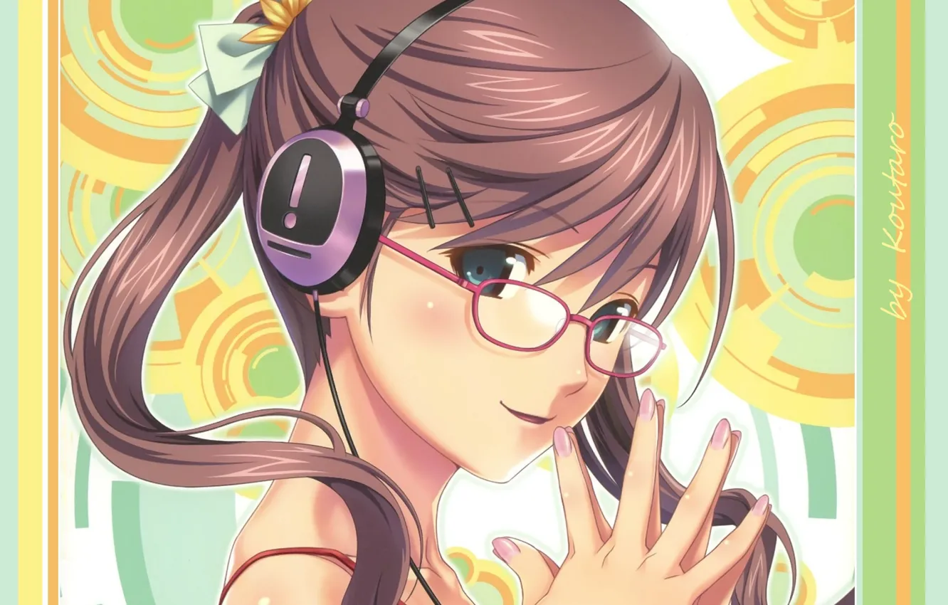 Photo wallpaper face, headphones, glasses, bangs, sweet girl, two tails, the half-smile, by koutaro